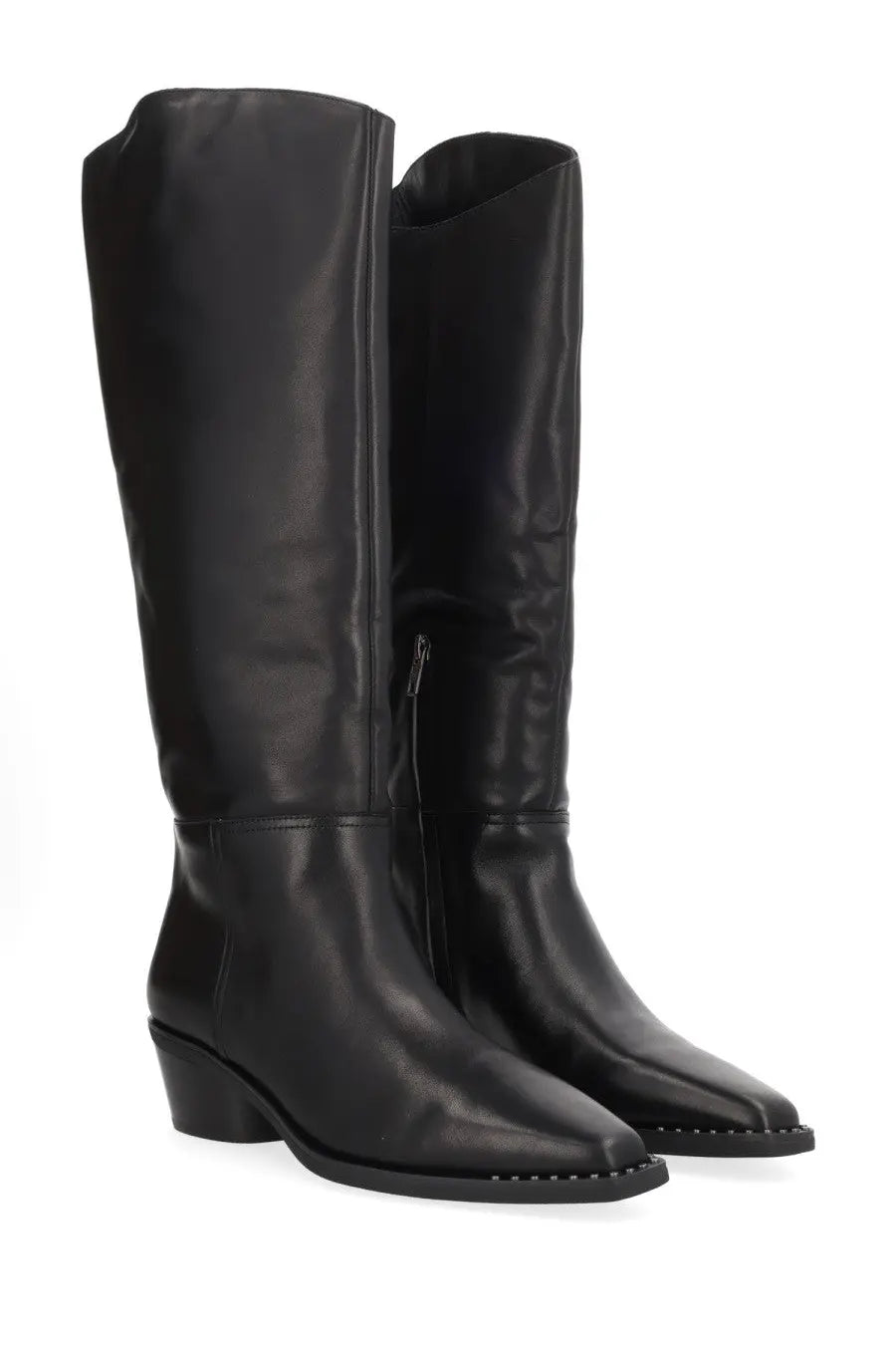 Black leather knee-high Ash Women’s Harpo western boot with square toe and low block heel