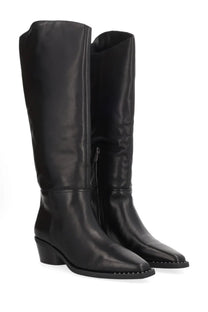 Black leather knee-high Ash Women’s Harpo western boot with square toe and low block heel