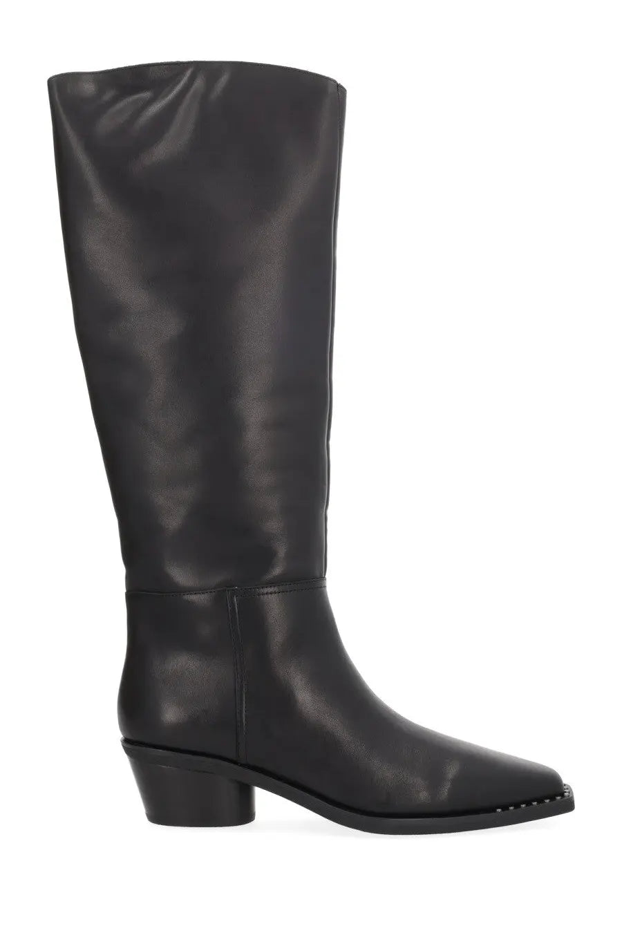 Ash women’s Harpo western boot in black leather with knee-high length low block heel and studded toe design