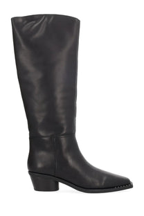 Ash women’s Harpo western boot in black leather with knee-high length low block heel and studded toe design