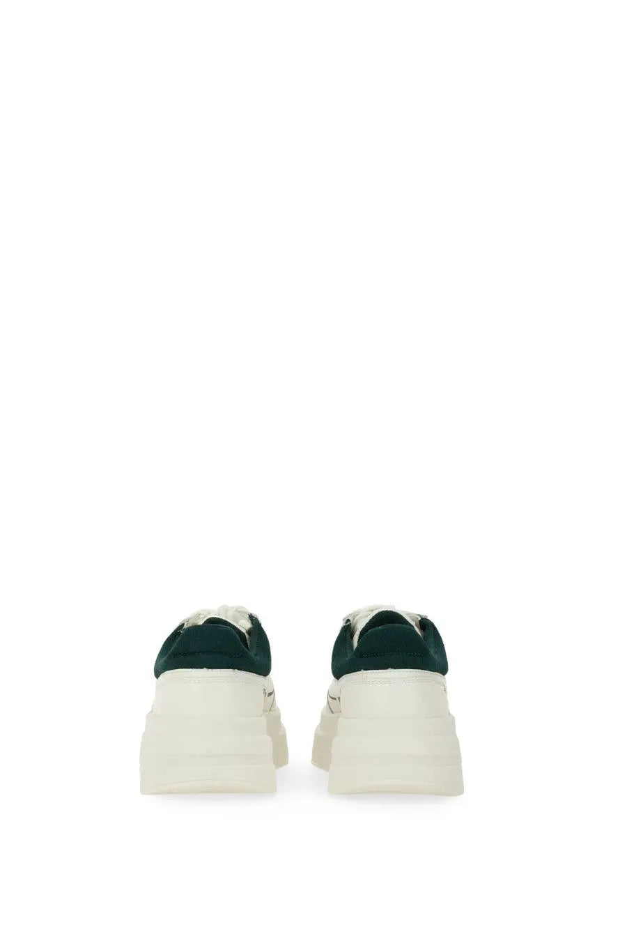 Ash women’s iconic sneaker white featuring dark green suede trim and thick off-white rubber sole