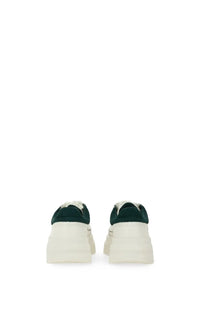 Ash women’s iconic sneaker white featuring dark green suede trim and thick off-white rubber sole