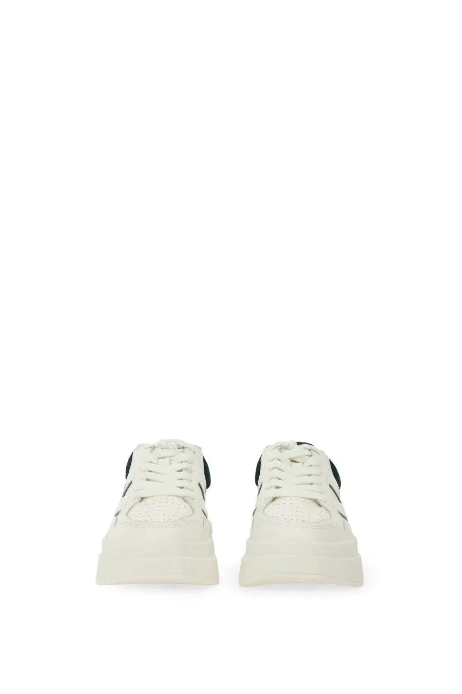 Ash women’s iconic sneaker white platform sneaker with black accents on laces and heel side view