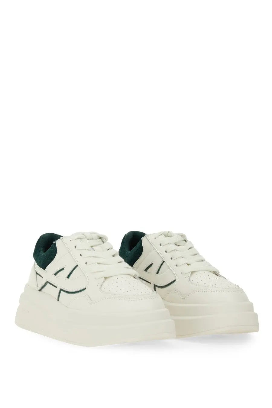 Ash women’s iconic sneaker white platform sneakers with dark green accents and minimalist geometric side design