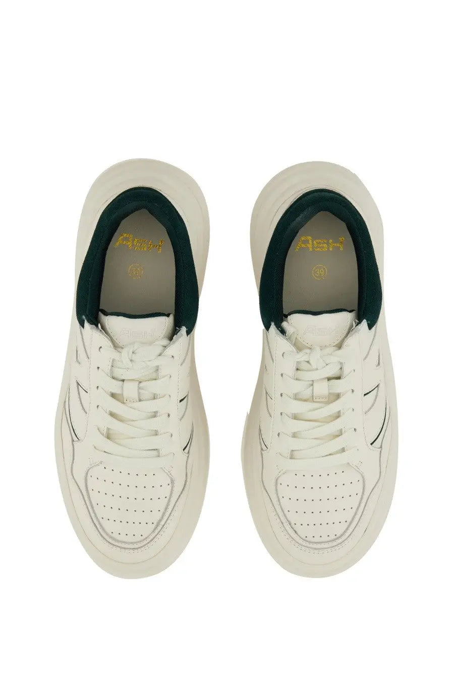 Ash women’s iconic sneaker white with white leather, dark green accents, and gold branding on the insole