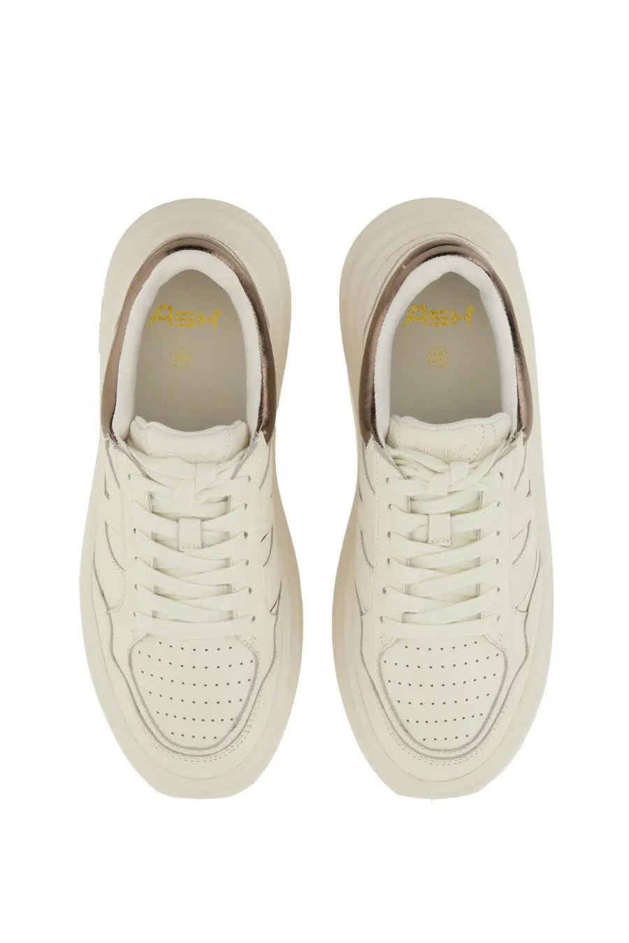 Ash women’s icons combo sneaker white cream leather with chunky sole perforated toe box and metallic heel accents