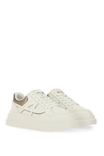 Ash women’s icons combo sneaker white leather with chunky sole and metallic gold heel tab accents shown from back
