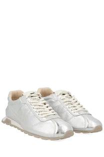 Ash women’s Killbill sneaker silver leather sneakers with silver metallic finish, beige laces, and matching rubber sole