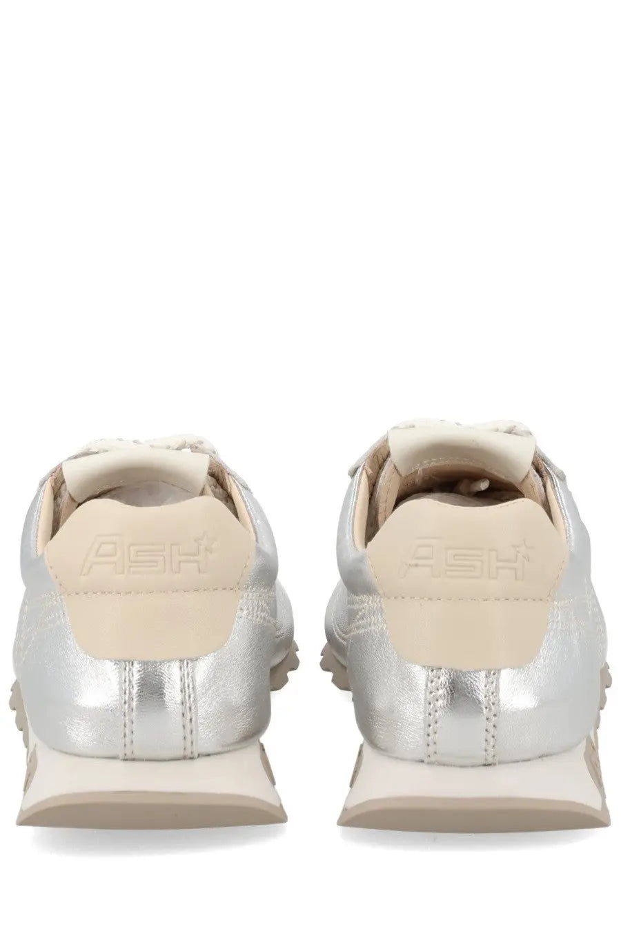 Ash women’s Killbill sneaker silver metallic with beige leather accents and subtle ash logo on the heel back view