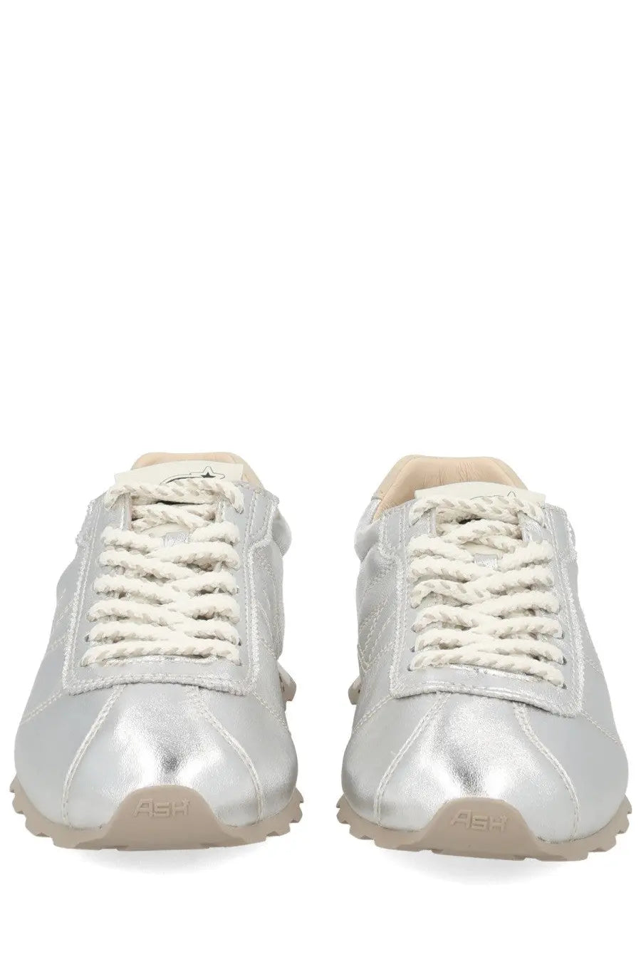 Ash women’s killbill sneaker silver metallic leather with cream laces and beige rubber sole front view