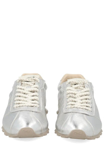 Ash women’s killbill sneaker silver metallic leather with cream laces and beige rubber sole front view