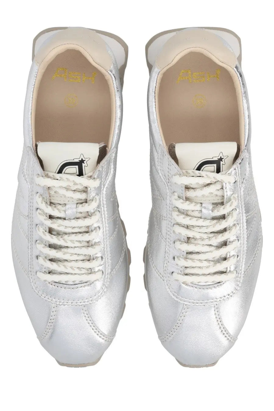 Ash women’s killbill sneaker silver metallic leather with white laces and sleek modern design front view