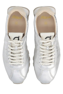 Ash women’s killbill sneaker silver metallic leather with white laces and sleek modern design front view