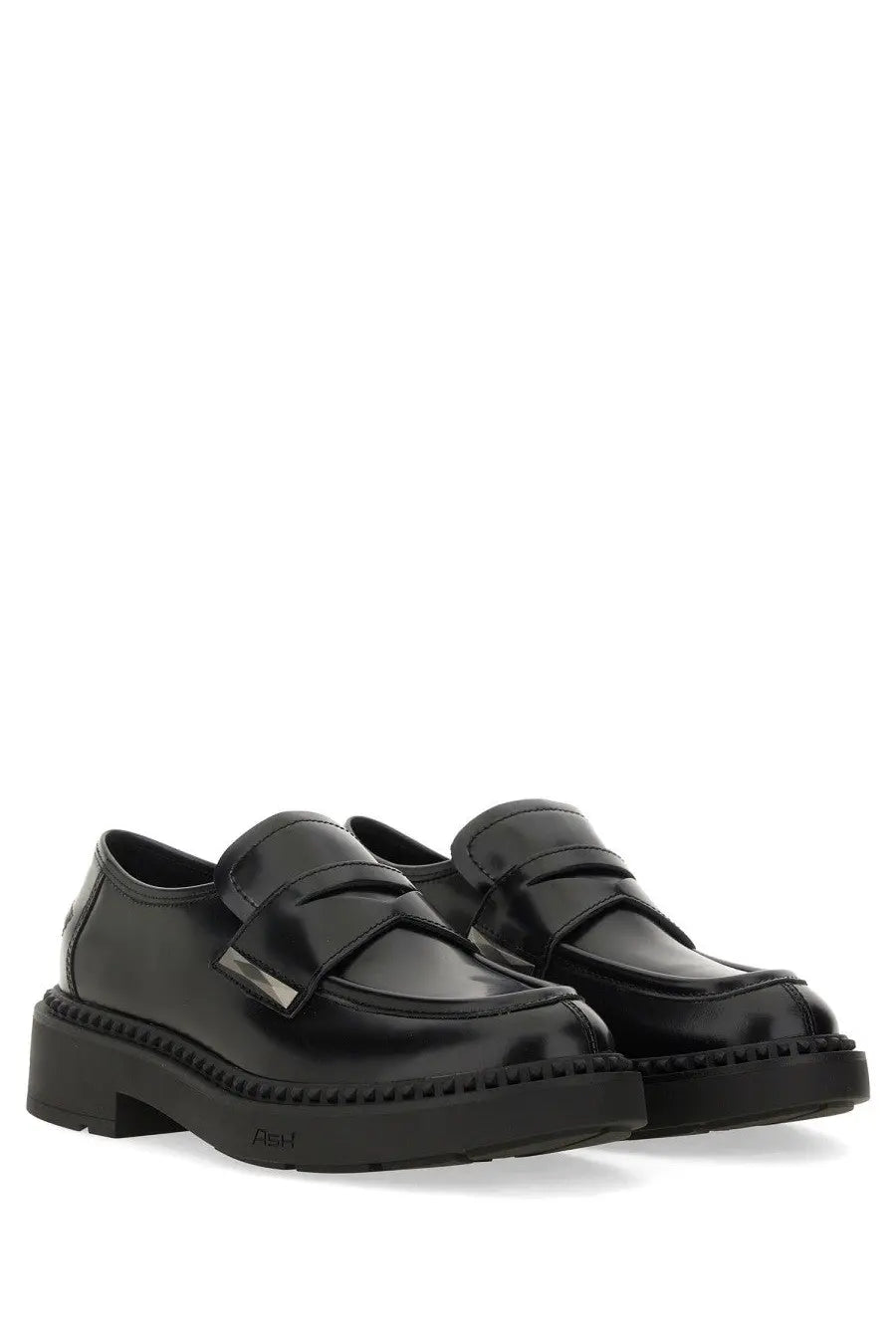 Black patent leather ash women’s medusa loafer with chunky platform sole and metallic buckle detail