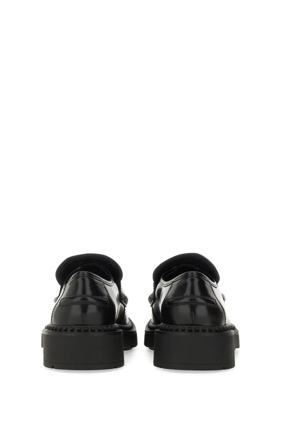 Ash women’s Medusa loafer black patent leather with chunky rubber sole and stitched detailing front view