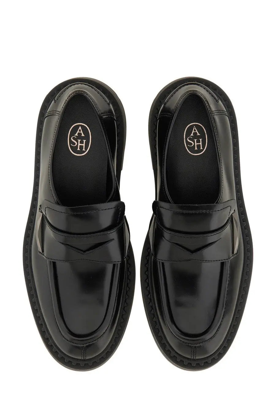 Ash women’s Medusa loafer black patent leather with glossy finish and subtle textured sole visible from the back side