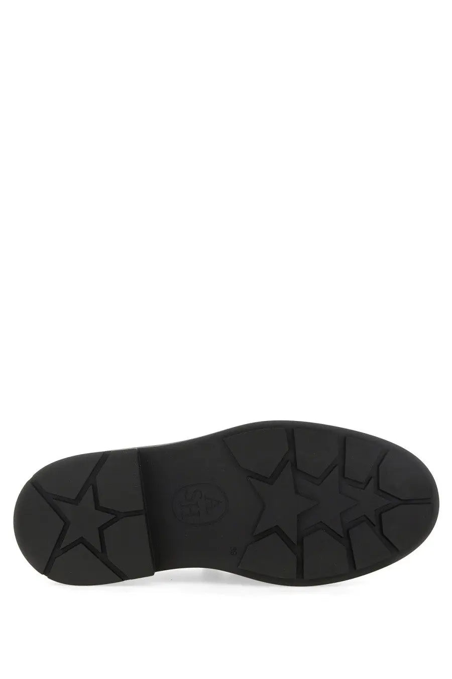 Black rubber sole with star-shaped tread pattern on the back of ash women’s medusa loafer in black