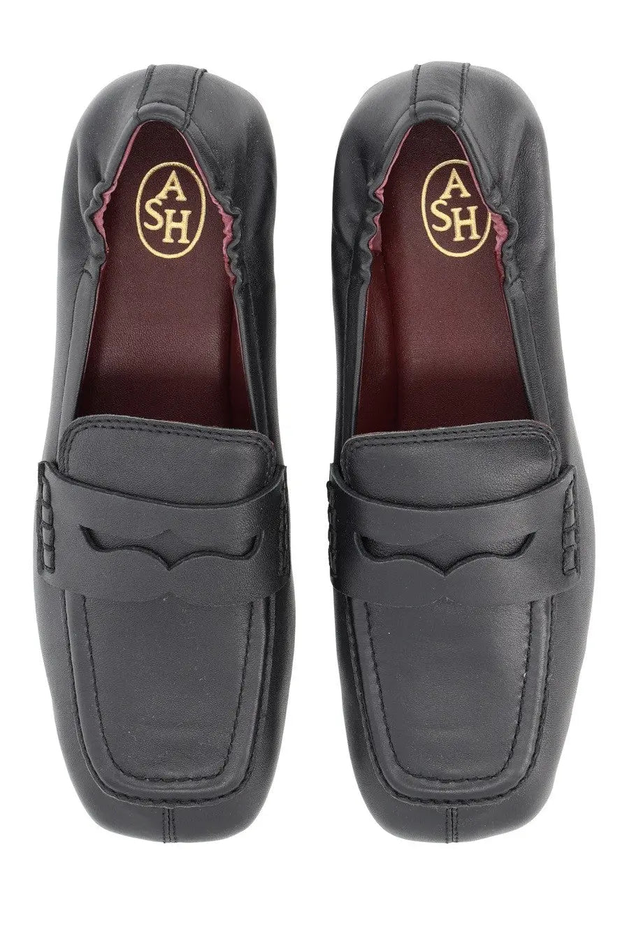 Black leather Ash women’s moccasin Barkley loafers with sleek minimalist design and subtle stitching details