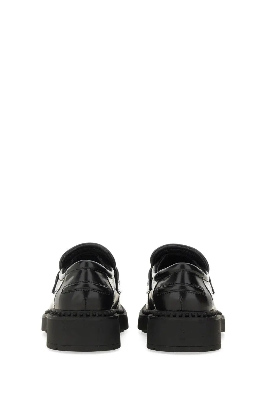 Ash women’s moccasin miracle black black patent leather loafers with chunky rubber soles shown from the back side