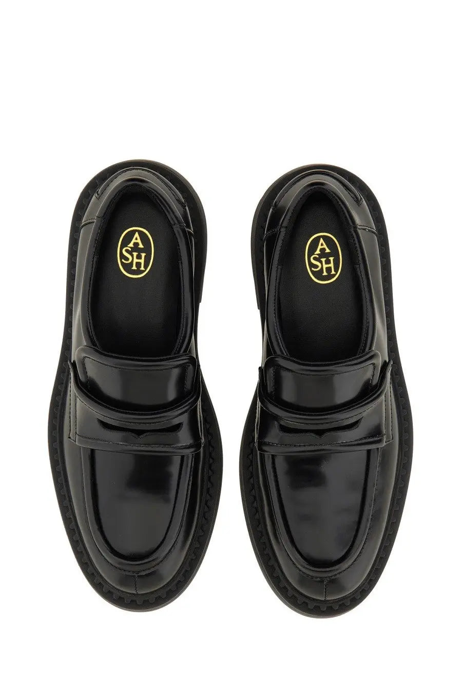 Ash women’s moccasin miracle black patent leather loafers with glossy finish and gold ash logo on the insole