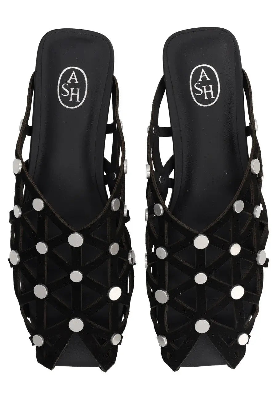 Ash women’s mule bone black black ash mules with geometric lattice design and silver-toned circular studs
