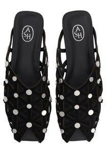 Ash women’s mule bone black black ash mules with geometric lattice design and silver-toned circular studs