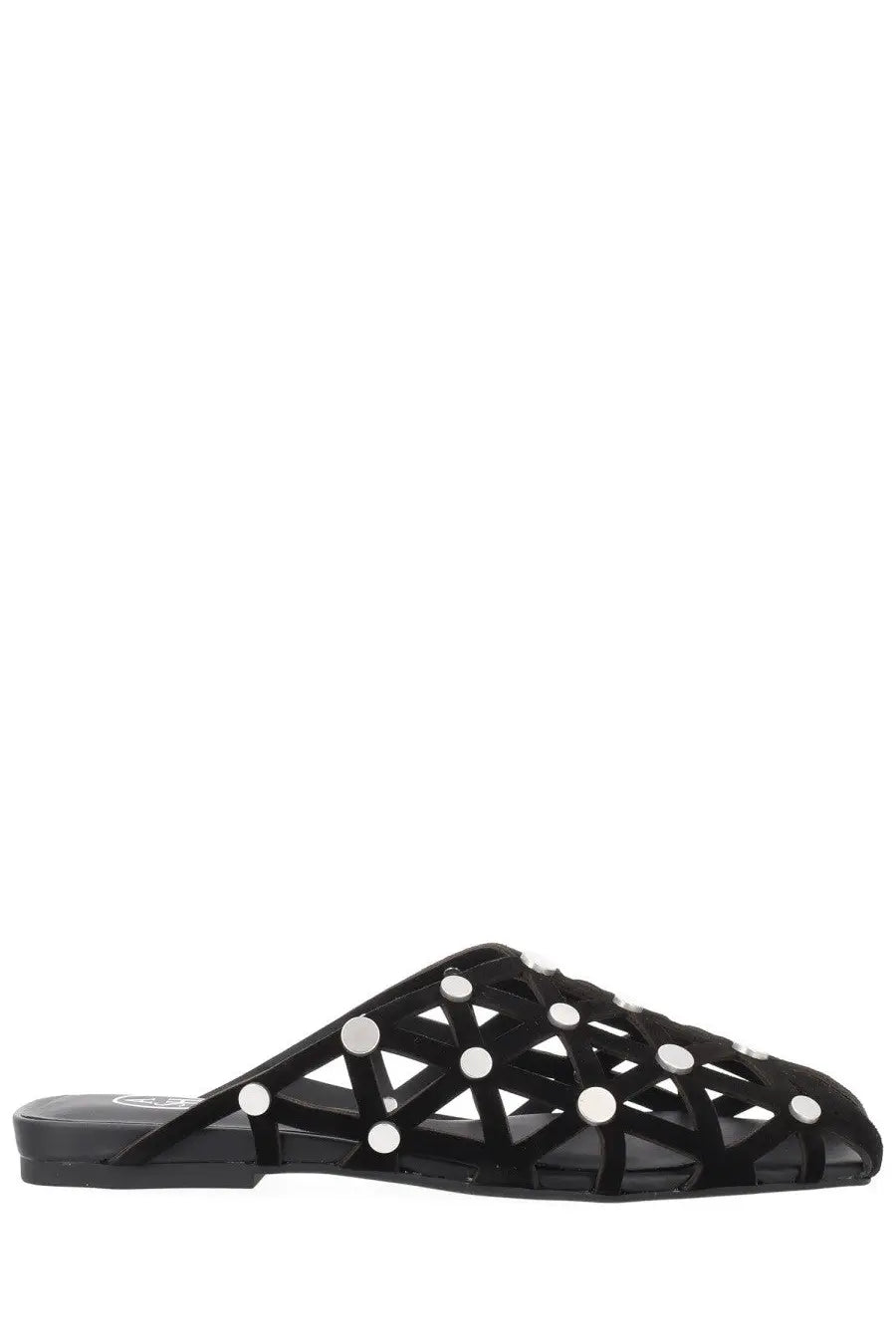 Black mesh slide sandal ash women’s mule bone black with silver circular studs in geometric pattern