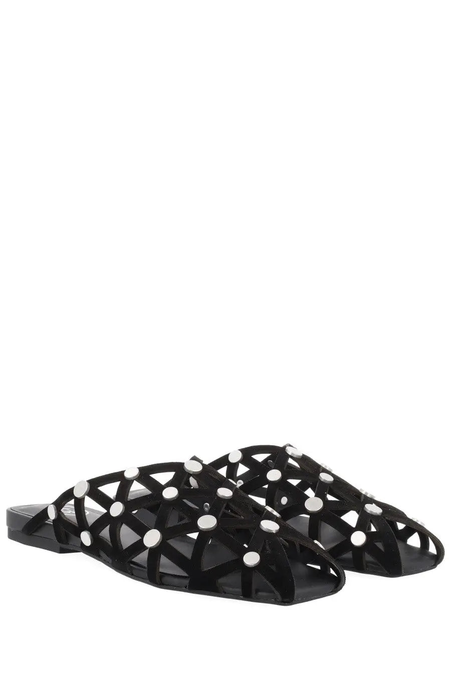 Ash womens mule bone black slide sandals in black mesh with silver circular studs visible from the front side