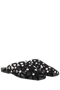 Ash womens mule bone black slide sandals in black mesh with silver circular studs visible from the front side