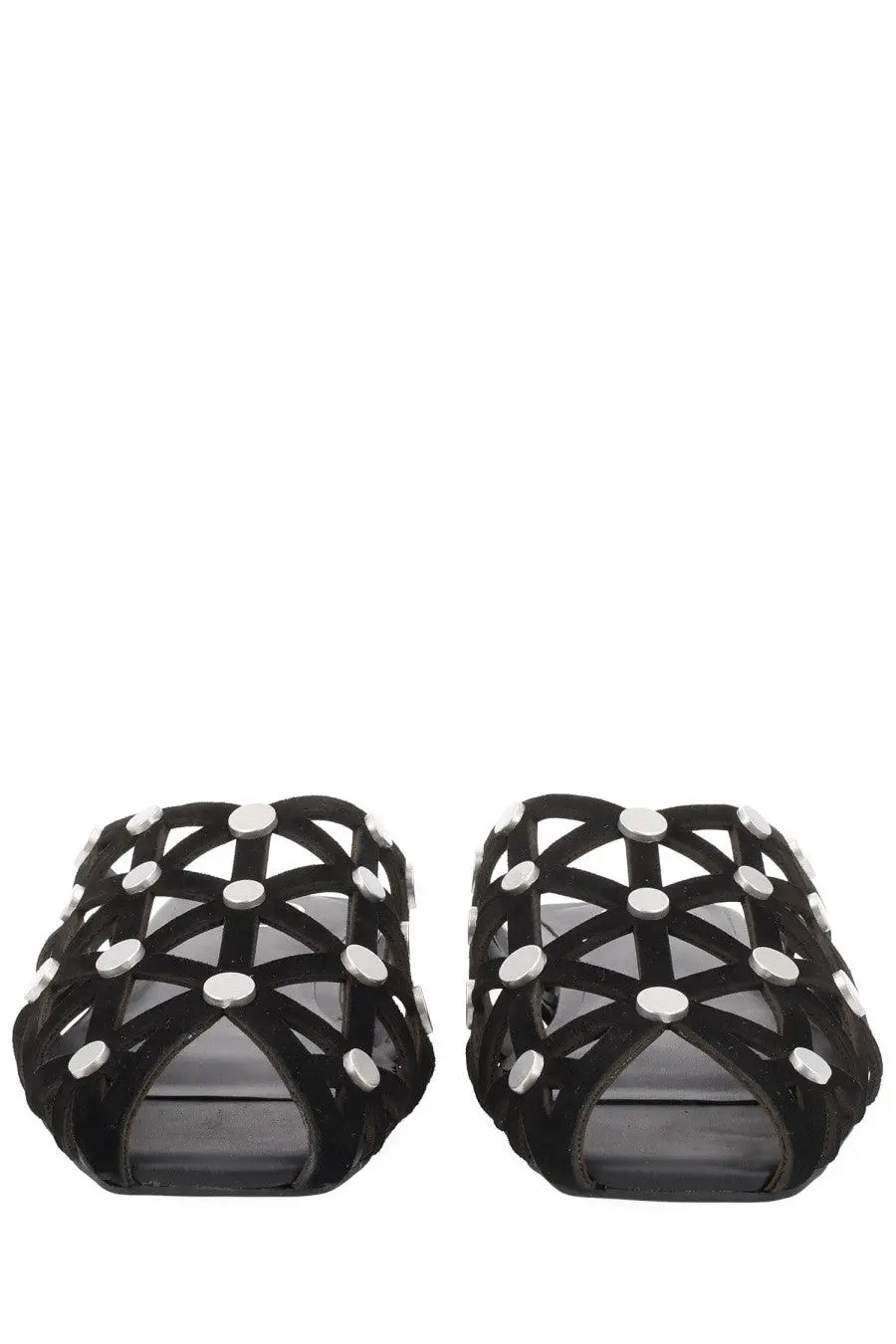 Ash women’s mule bone black strappy sandals with geometric lattice design and silver-toned circular studs