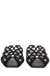 Ash women’s mule bone black strappy sandals with geometric lattice design and silver-toned circular studs