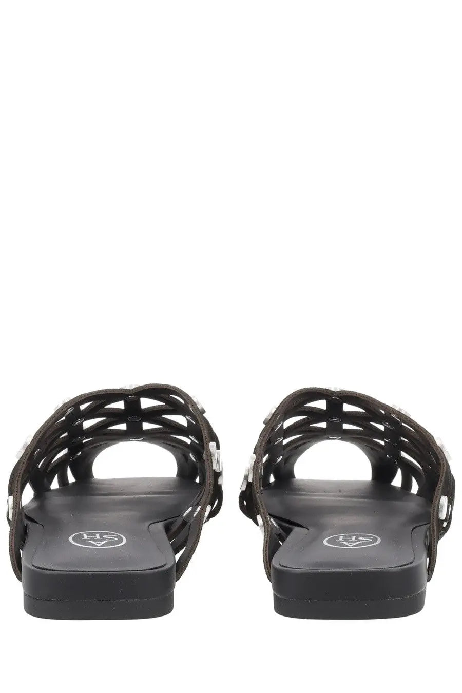 Ash women’s mule bone black sandals with black woven straps and silver-toned buckle accents