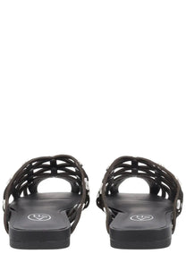 Ash women’s mule bone black sandals with black woven straps and silver-toned buckle accents