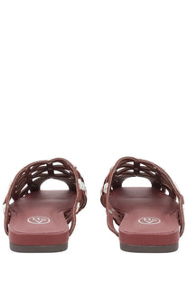 Ash womens mule bone brown burgundy leather sandals with braided straps and silver toned buckle accents