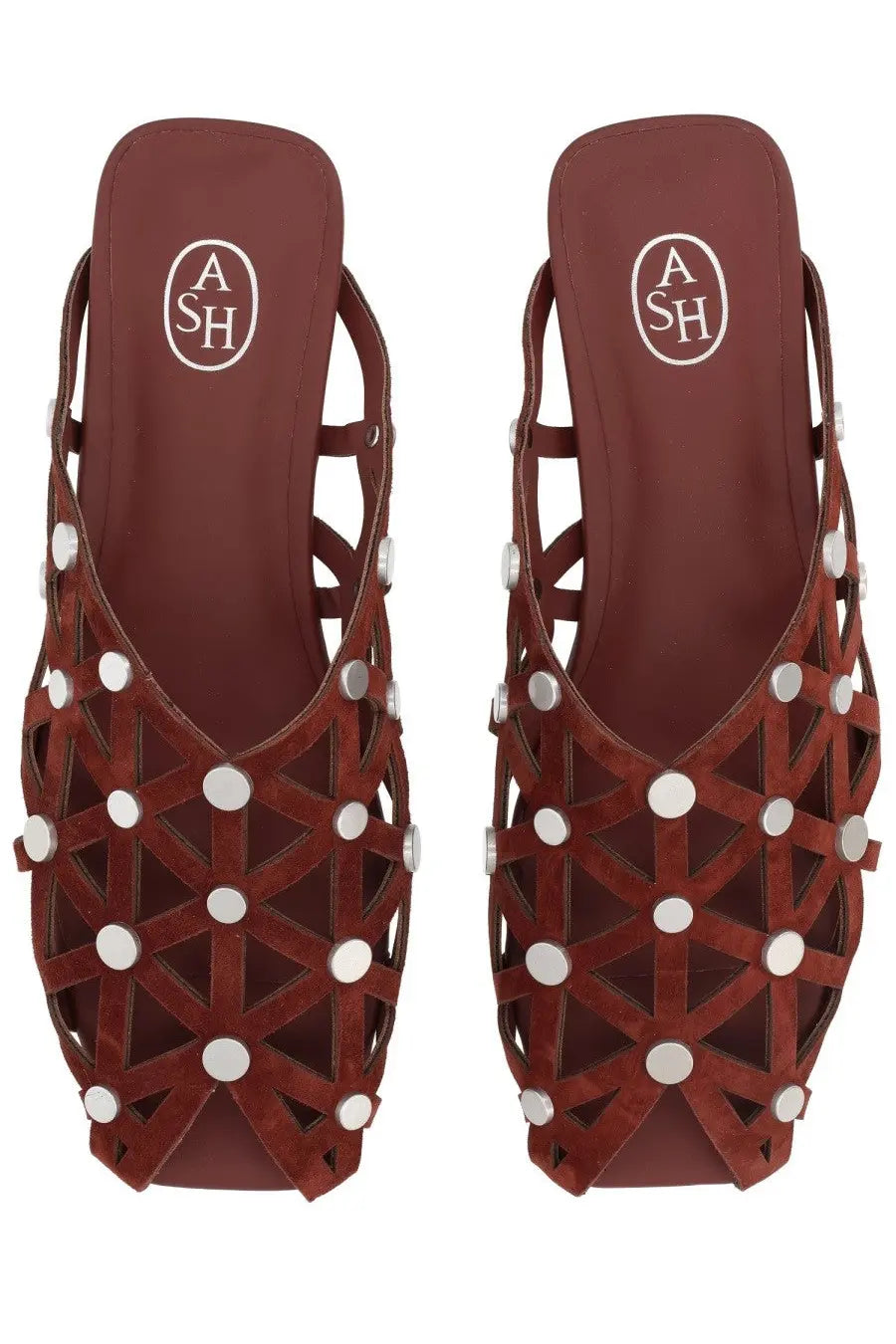 Ash women’s mule bone brown leather sandals with geometric cutout pattern and silver toned circular studs