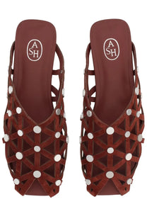 Ash women’s mule bone brown leather sandals with geometric cutout pattern and silver toned circular studs