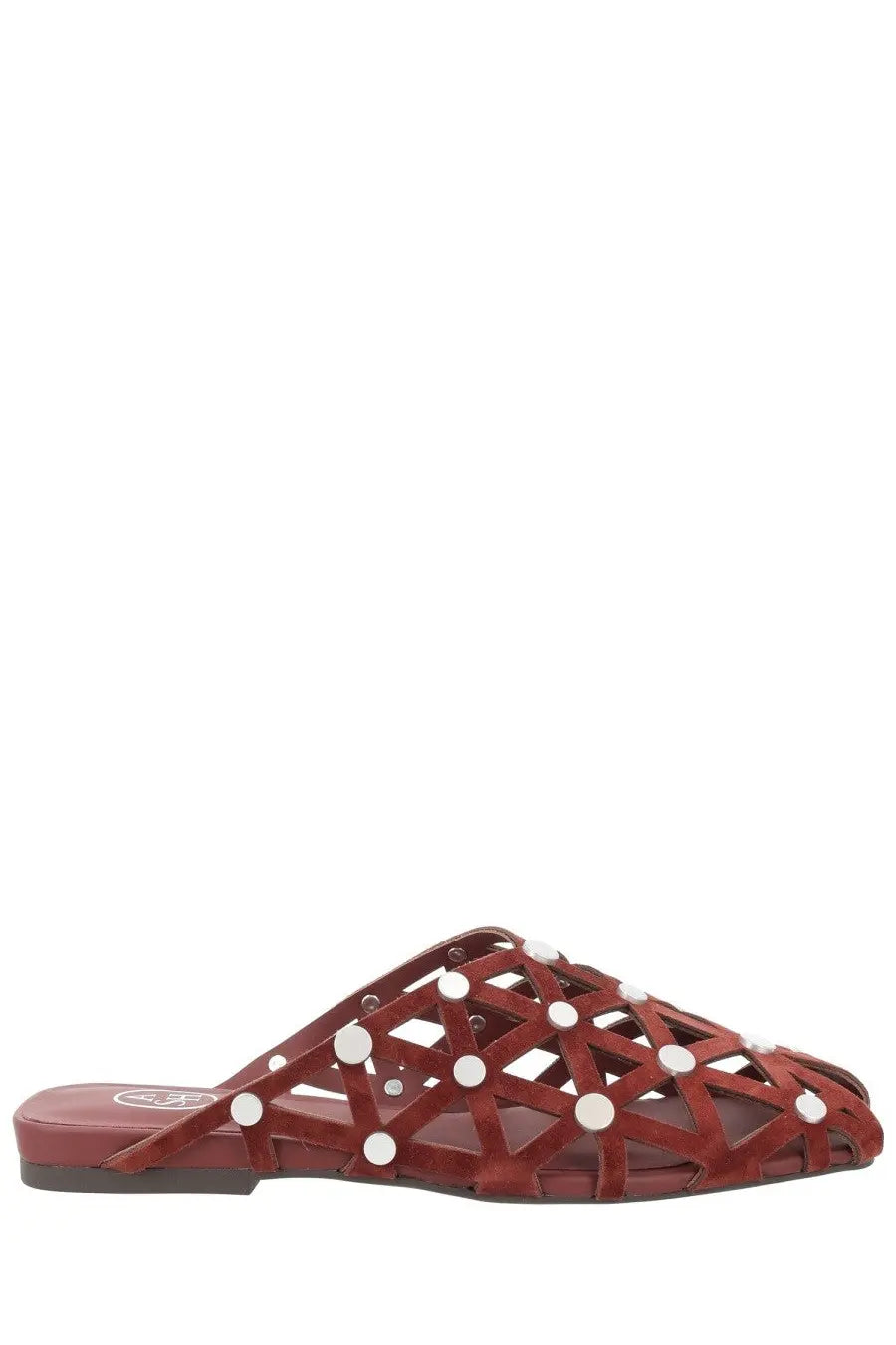 Ash women’s mule bone brown red leather sandal with geometric lattice design and white circular studs