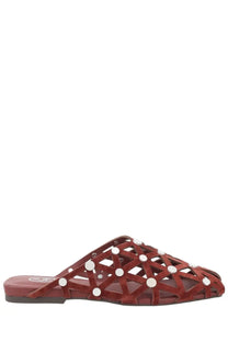 Ash women’s mule bone brown red leather sandal with geometric lattice design and white circular studs