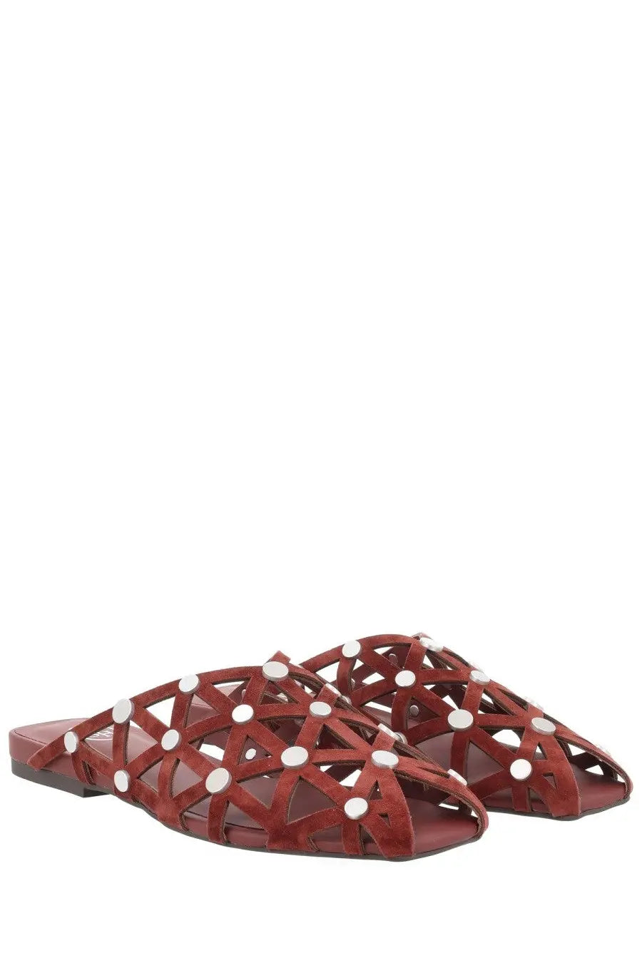 Ash women’s mule bone brown red suede mules with geometric lattice design and white circular studs