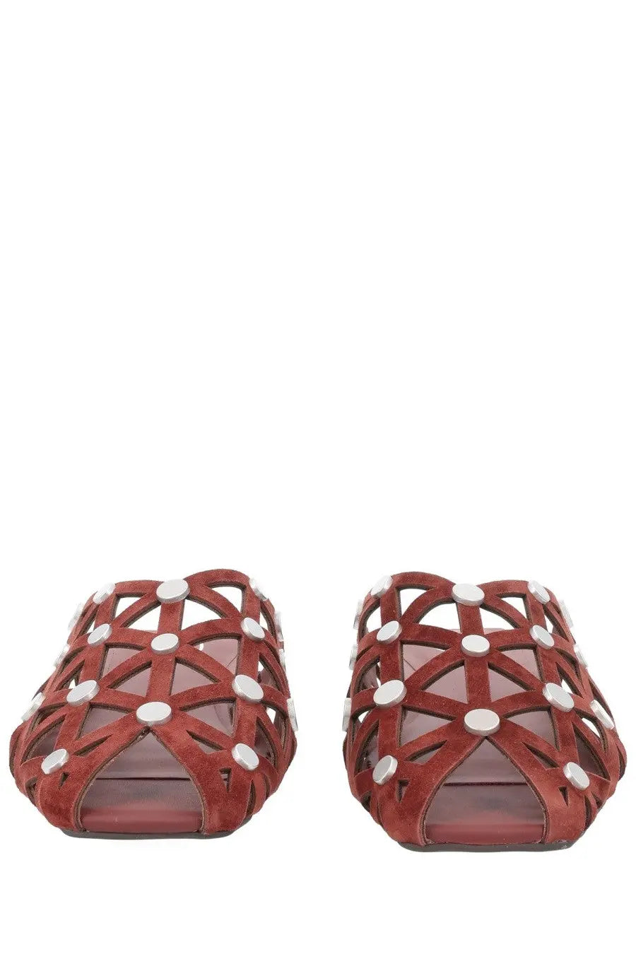 Ash women’s mule bone brown red suede mules with geometric lattice design and white circular studs front view