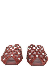 Ash women’s mule bone brown red suede mules with geometric lattice design and white circular studs front view