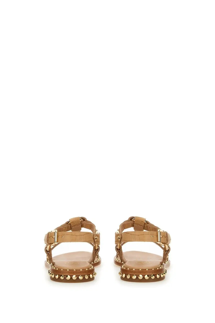 Ash women’s patsy bis beige tan leather sandals with gold-tone metal studs on sole and ankle strap front view