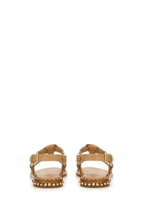Ash women’s patsy bis beige tan leather sandals with gold-tone metal studs on sole and ankle strap front view