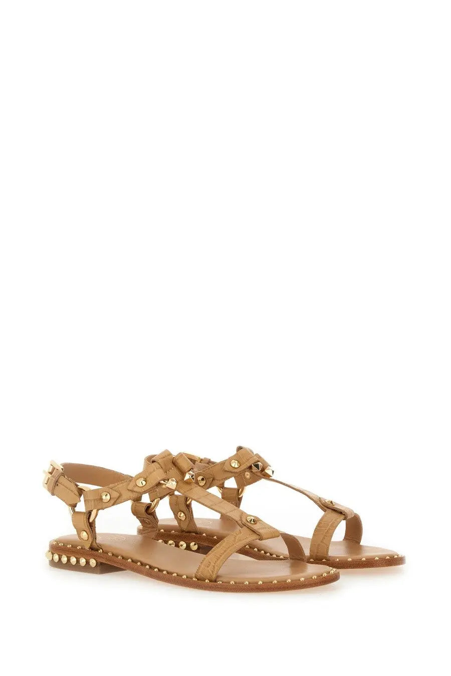 Ash women’s patsy bis sandal beige tan leather sandals with gold-tone studs along straps and sole
