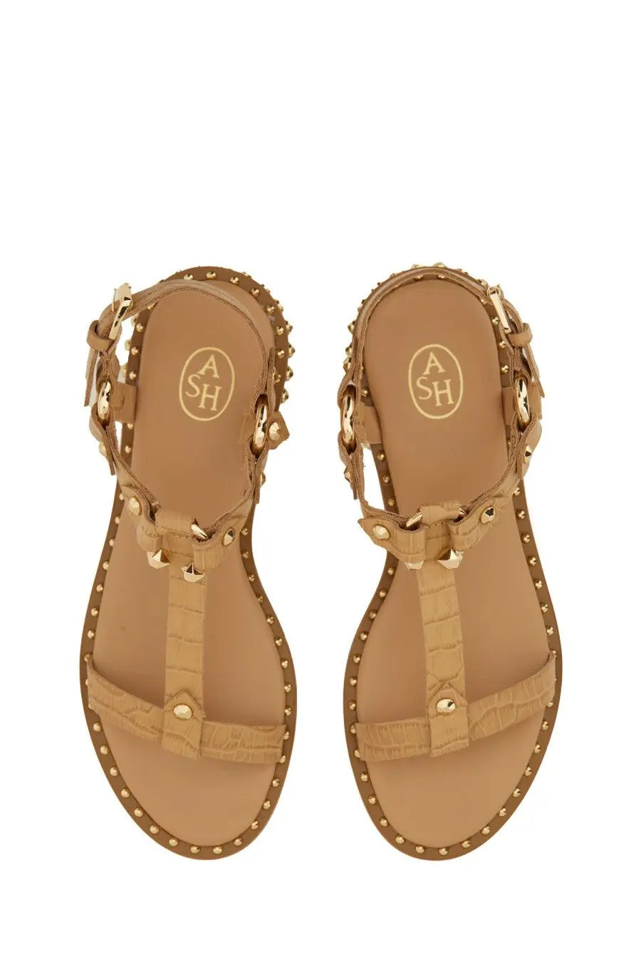Ash women’s patsy bis sandal beige tan leather with gold-tone studs chain detailing and crocodile-embossed straps