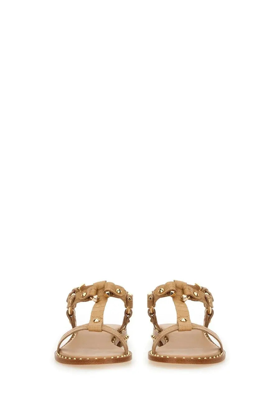 Tan leather ash women’s patsy bis sandal beige with t-strap gold-tone studs and chain detailing front view