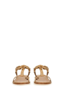Tan leather ash women’s patsy bis sandal beige with t-strap gold-tone studs and chain detailing front view