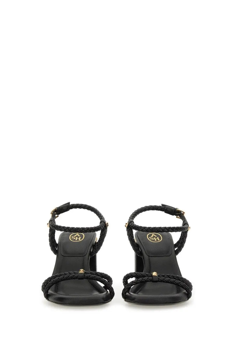 Ash women’s pump Lola Bis black braided leather sandals with gold-tone logo accents and block heel