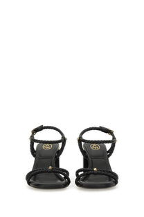 Ash women’s pump Lola Bis black braided leather sandals with gold-tone logo accents and block heel