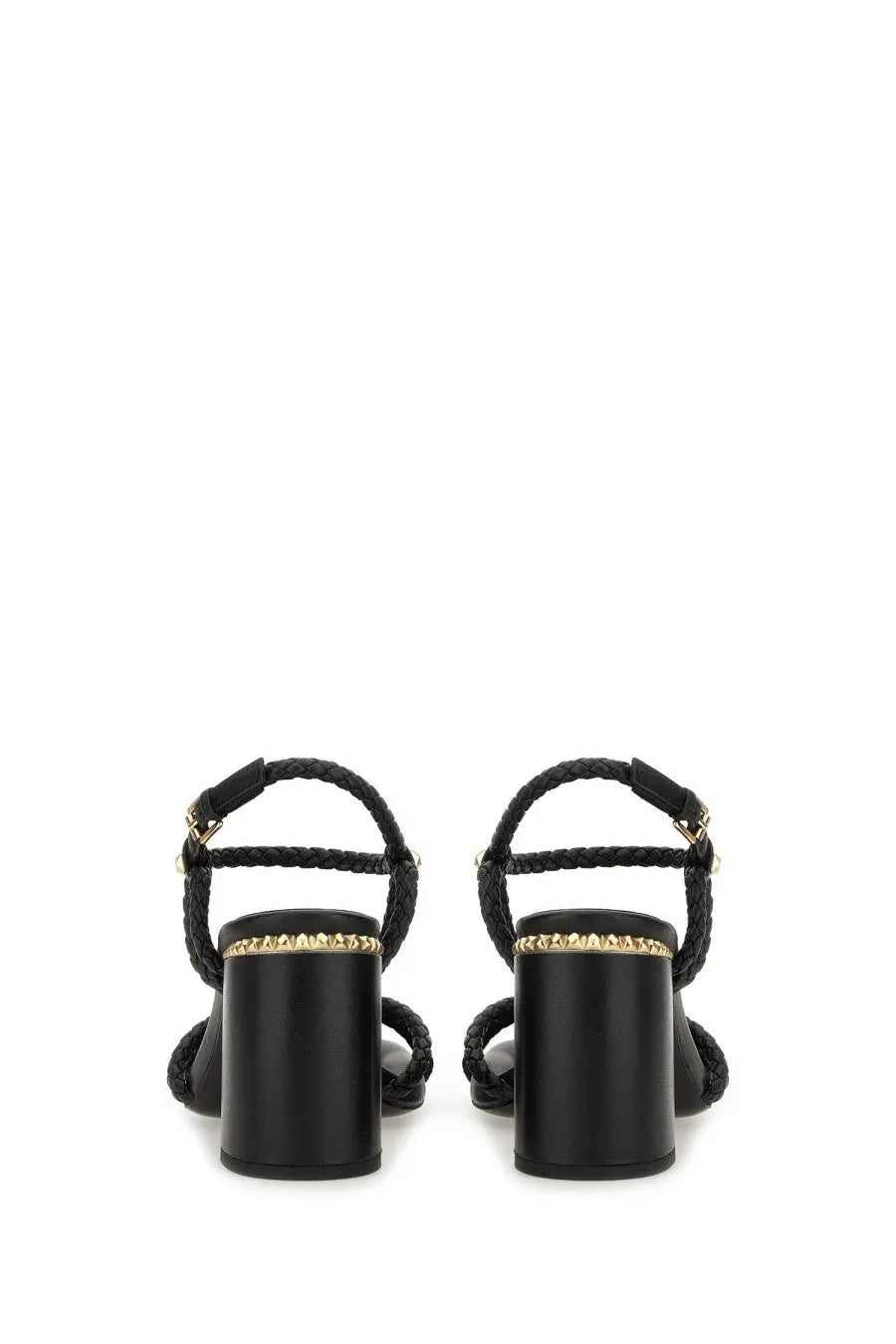Ash women’s pump lola bis black featuring black braided leather sandals with gold-tone metallic heel accents back view